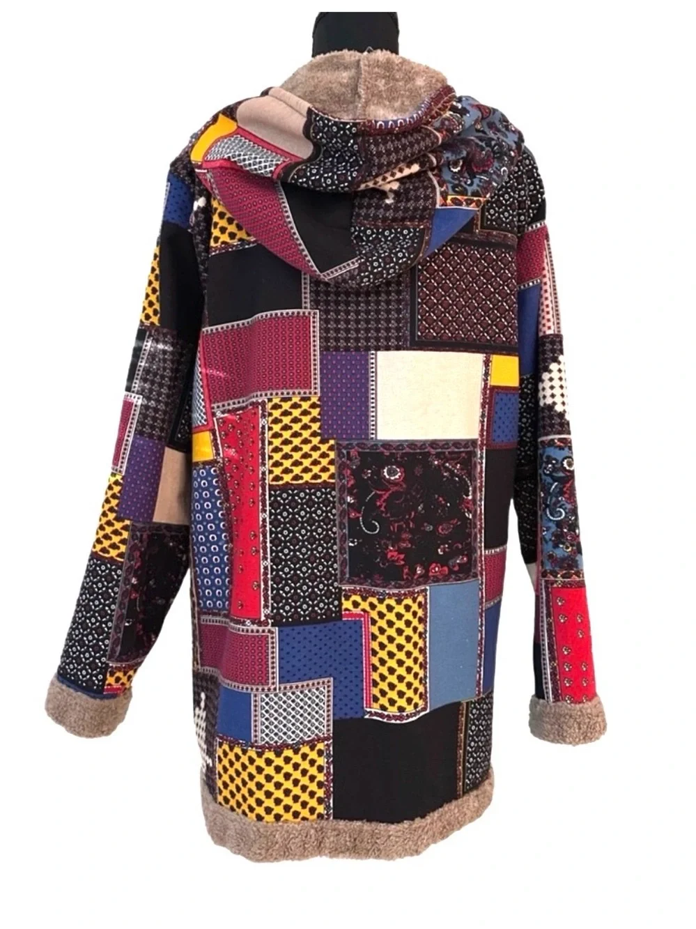 COAT ~ Colorful Patchwork Hooded Coat w/Soft Brown Sherpa Lining and Pockets